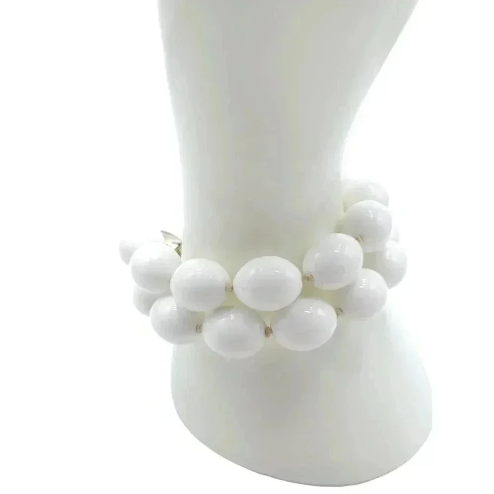 Trifari Double Stranded White Lucite Bead Bracelet Gold Tone Closure Vintage